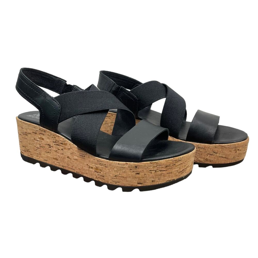 Sorel Cameron Flatform Slingback Sandals Black Size 8 Wedge Heels